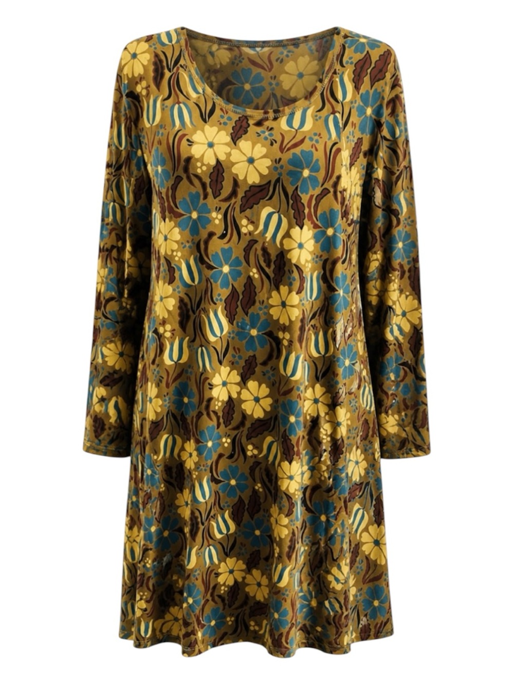 Gudrun Sjoden Long Sleeve Taupe Floral Assymetric Hemline Swing Dress XL